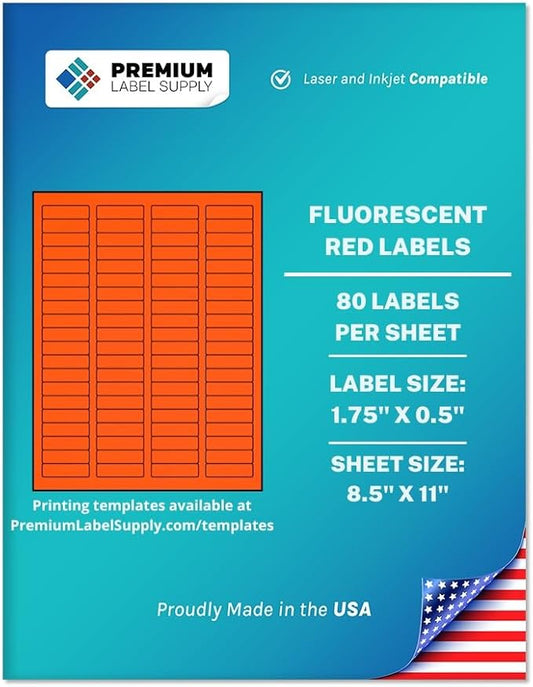 Premium Label Supply Bright Neon Color Fluorescent Sticker Labels - 1.75" x 0.5" Return Address Labels - (Fluorescent Red, 40,000 Labels)