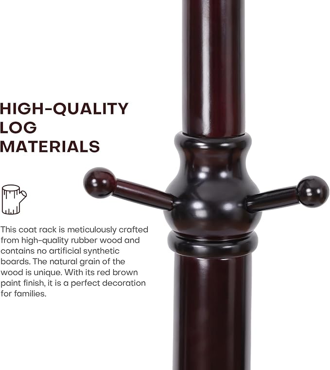 Coat Rack Tree Freestanding with Hooks, Heavy Duty Standing Wood Coat Rack with Solid Round Base, 74” Tree Shaped Coat Hanger Stand for Clothes, Hat, Jacket, Entryway Bedroom, Red Brown