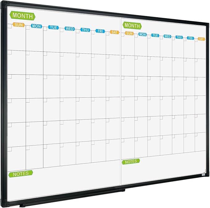 JILoffice Magnetic Dry Erase Calendar Whiteboard, 2 Month White Board Planner 36 X 24 Inch, Black Aluminum Frame Wall Mounted Board for Office Home and School