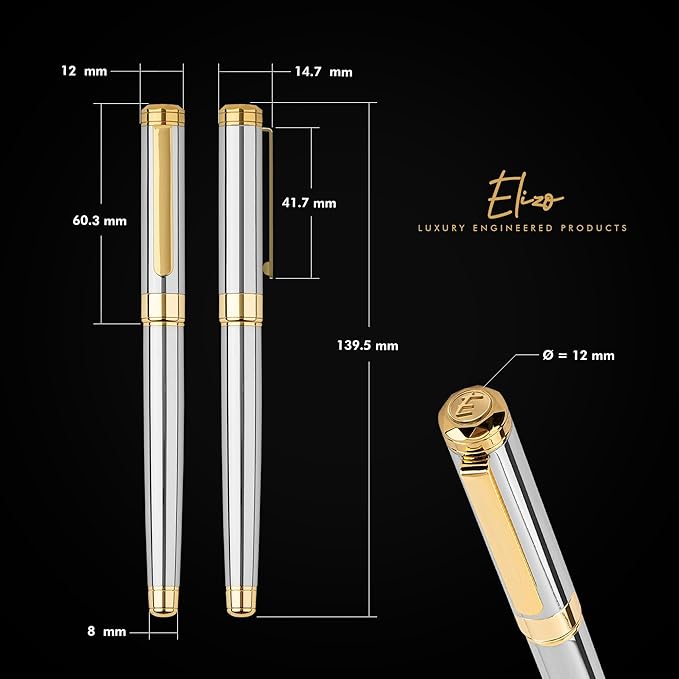 ELIZO Luxury Pen Fancy Real 24K Gold Plated Trim Chrome Silver Nice Pen Gift Rollerball Cool Best Pens Schmidt Ink EDC Pen Executive Smooth Writing Pens for Men Women