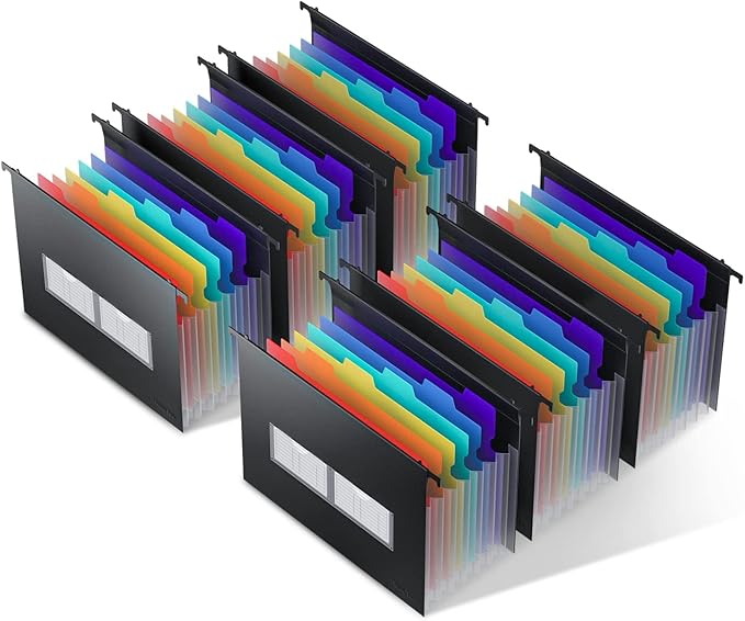 ThinkTex Plastic Expanding Hanging File Folders, 7 Innovative 1.2/'' Accordian Pockets, Large Capacity, Multi-Color Tabs, Letter Size for Filing Cabinet - Black-6 pack