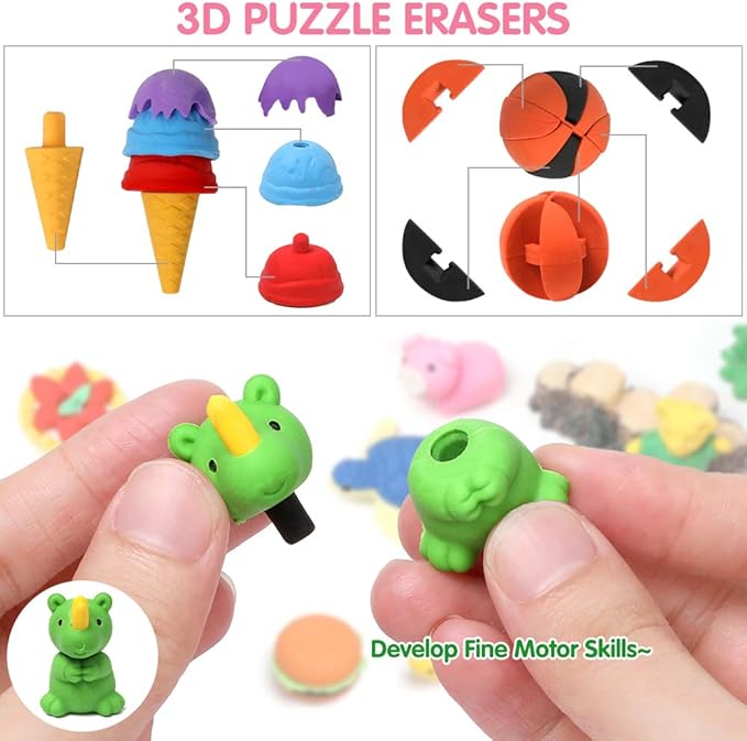UMIKU 100 Pack Animal Pencil Erasers 3D Desk Pet for Kids Mini Puzzle Take Apart Eraser Student Classroom Prizes Rewards Easter Egg Fillers Treasure Box Back to School Supplies Kid Party Favors Gift