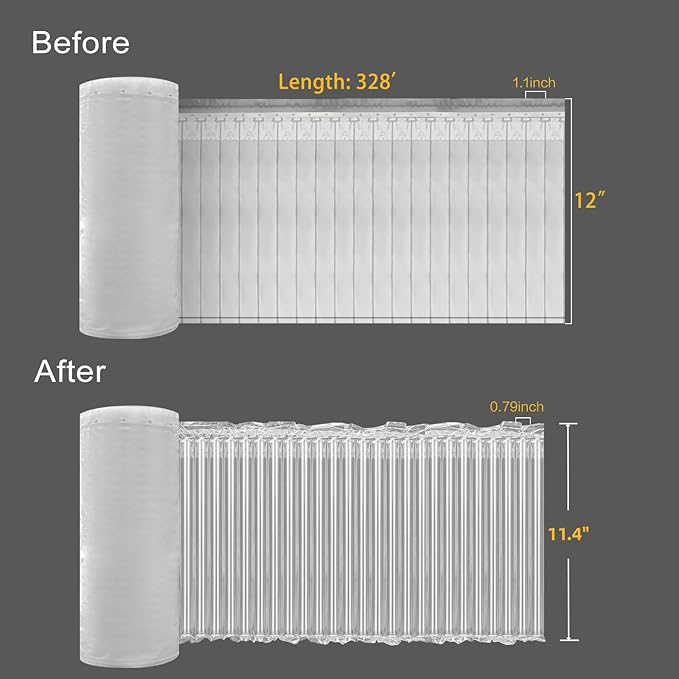 Bubble Cushioning Wrap Roll for Packing 12"x328' Inflatable Bottle Shipping Package Large Air Pillows for Shipping & Moving Heavy Duty Space-saving Packing Material for Fragile Items, 55um