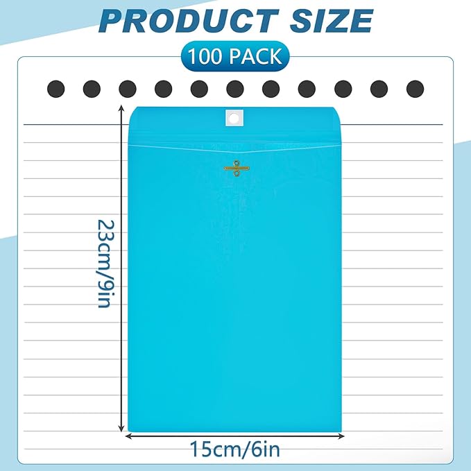Geyee 100 Pcs Clasp Manilla Envelopes 6 x 9 Inch Gummed Colored Envelopes for Storing or Mailing for Home Office Business Supplies(Blue)