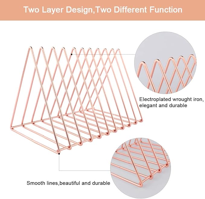 Urban Deco Triangle Desk Organizers Metal Wire Magazine Holder 10 Sections Decorative File Folder Organizer Vinyl Record Storage Office File Organizer For Desk - Rose Gold Magazine File Holder