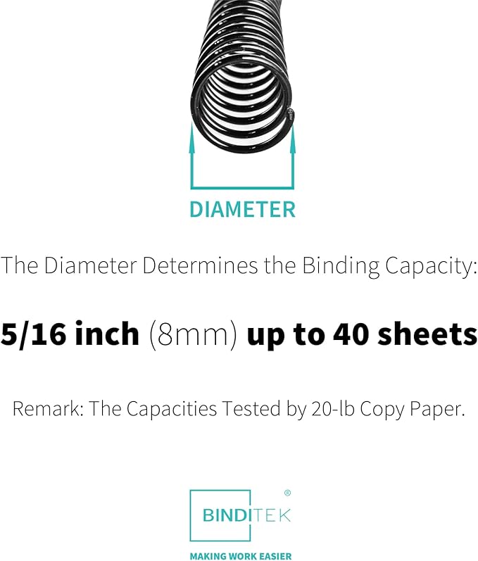 Binditek 50 Pack Plastic Spiral Binding Coils, 8mm(5/16"), 40 Sheet Capacity, 4:1 Pitch, Black, 48Loops, for Letter Size, for Students and Coworkers