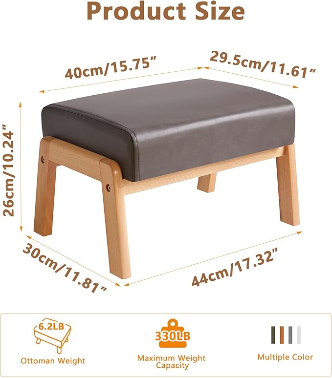 IBUYKE 10.2” H Small Foot Stool Ottoman, Rectangle PU Faux Leather Foot Rest with Padded Seat and Wood Legs, Modern Accent Ottoman Foot Rest for Living Room Bedroom Couch Office, Grey WBD013G