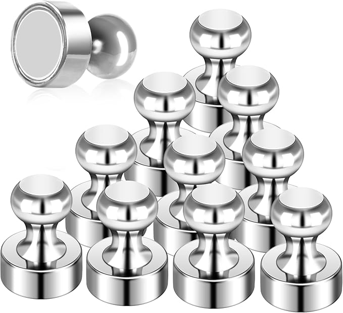 12Pack Fridge Magnets for Whiteboard Strong Refrigerator Magnets for Adult Small Push Pin Magnets for White Board Refrigerator Map Classroom Office Teacher Silver