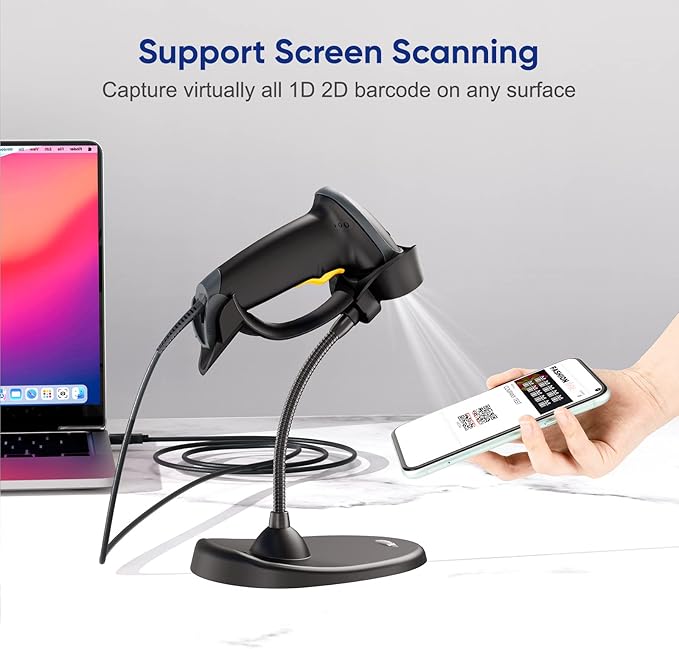 Eyoyo Handheld 2D Barcode Scanner with Gooseneck Stand, Automatic USB Wired QR Code Scanner Bar Code Reader Support Screen Scanning for PC POS System Library Store Supermarket Check-Out, Inventory…