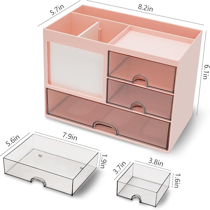 Multi-Functional Desk Organizer with 3 Drawer and 8 Compartments, Pink