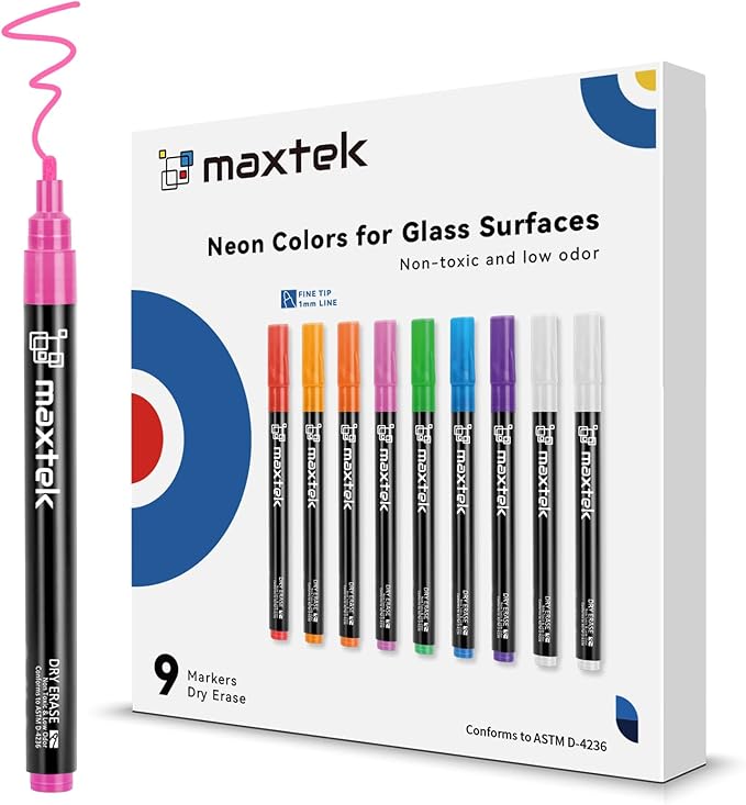 maxtek Neon Dry Erase Markers Fine Tip,Liquid Chalk Markers for Chalkboard,LED Note Board,Acrylic,First Day of School Board,Glass,Windows,1mm Fine Point,Assorted Colors,9 Count