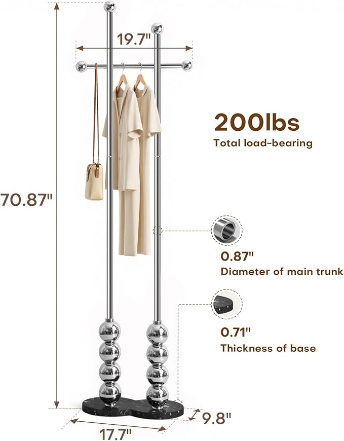 Metal Freestanding Coat Rack with Stainless Steel Double Rods & Marble Base, Hanging Clothes Rack for Entryway, Hallway, Bedroom, Living Room, Sliver