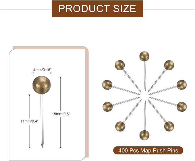 uxcell 400 Pcs Push Pins, Map Thumb Tacks 4mm Round Head Decorative Push Pins for Bulletin Board Home Office Travel Wall DIY Crafts Map Photo, Bronze