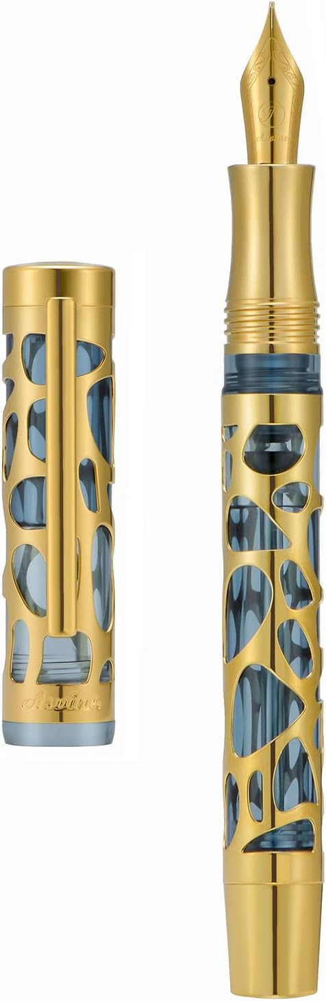 Asvine V169 Vacuum Filling Fountain Pen Fine Nib, Water Drop Skeleton Gold Trim Transparent Gray Blue Acrylic Pen Case Set