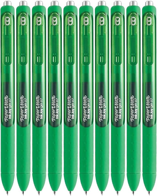 Paper Mate InkJoy Gel Pens, Green Ink, Medium Point (0.7mm), 10 Count, Bundle with Plastic Reusable Pouch
