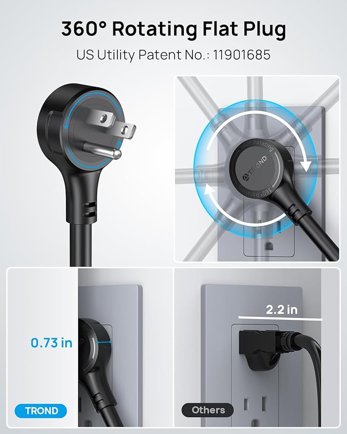 TROND Surge Protector Power Strip with 360° Rotating Flat Plug, 4000J, ETL Listed, 10 Widely Spaced Outlets, 2 USB A and 2 USB C, 5ft Extension Cord, Wall Mountable, for Home Office Garage, Black