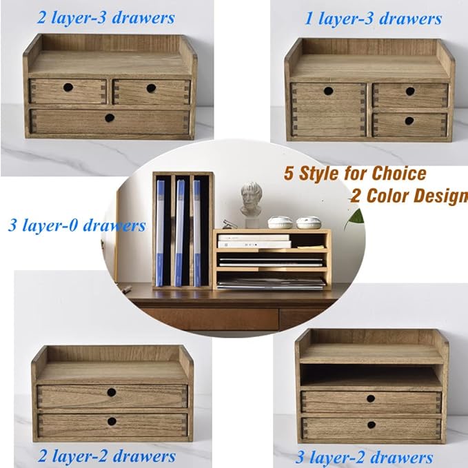 KIRIGEN Wood Organizer Shelf with 3 Drawers for Home Kicthen Decor Office Supplies Desktop Cabinet for Drawer Organizer - Desk Accessories Storage Box -Countertop Shelf Natural（DT2D3C-NA）