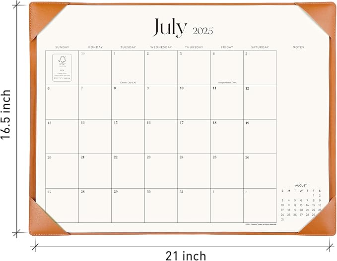 Simplified Desk Calendar 2025-2026 with Desktop Mat, Cabbrix Large Desk Pad Calendar 21" x 16-1/2" from July 2025 to December 2026, Desk Blotter Calendar for Home School and Office (Brown)