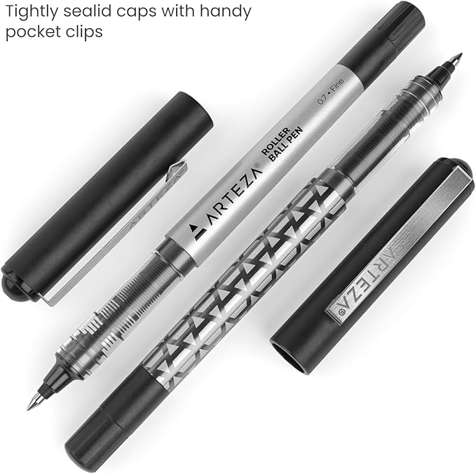 ARTEZA Rollerball Pens, Pack of 20, 0.7mm Black Liquid Ink Pens, Office Supplies for Bullet Journaling, Fine Point Rollerball for Writing, Taking Notes & Sketching