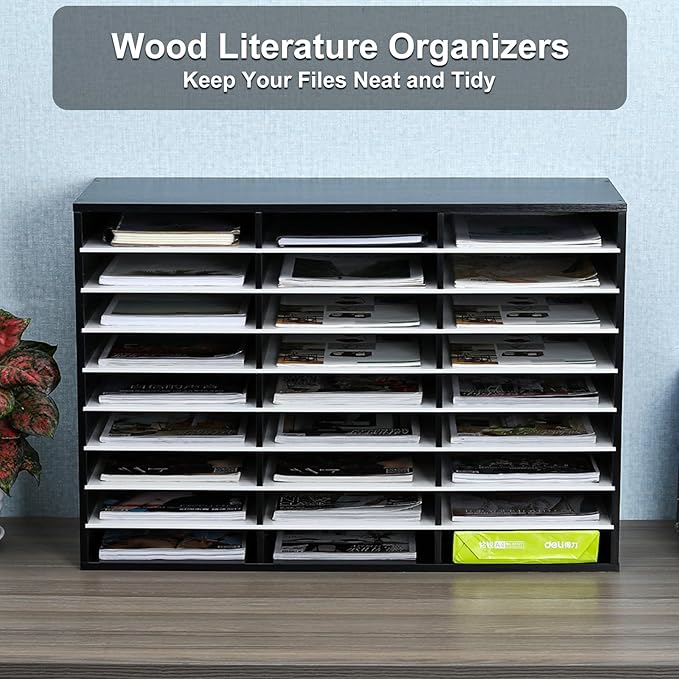 PAG Mail Sorter Organizer, Wood Literature Organizer, Student Mailbox for Classroom, Desktop Bill Paper Organizer for Office Home School, 27 Compartments, Black&White