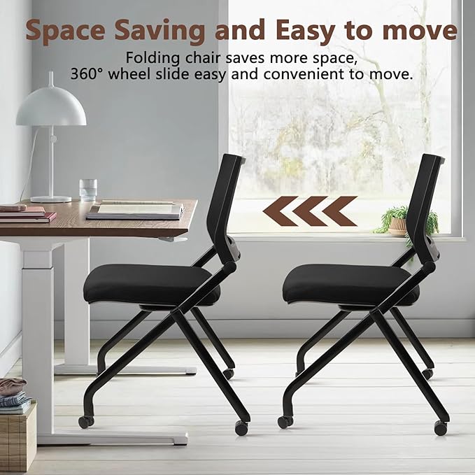CLATINA Stackable & Foldable Conference Room Chairs, Waiting Room Chairs with Wheels & Lumbar Support, Ergonomic Mesh Bouncing Back Folding Chair for Office Meeting Schools Training Room, Black(4pk)