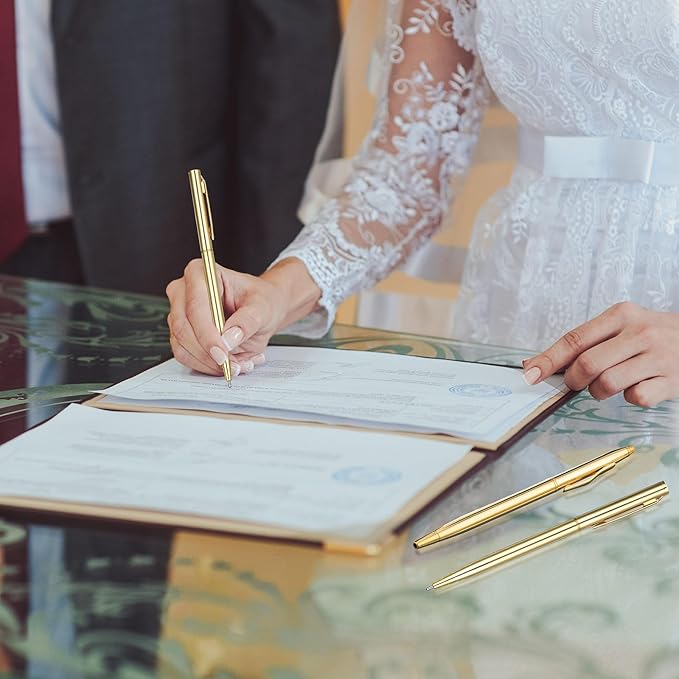 Fuutreo 200 Pack Wedding Gold Pens Bulk Gold Metal Pens Slim Ballpoint Retractable Ballpoint with Black Ink Mini Conical for Wedding Favors Guests, Office Business Teachers,1.0 mm