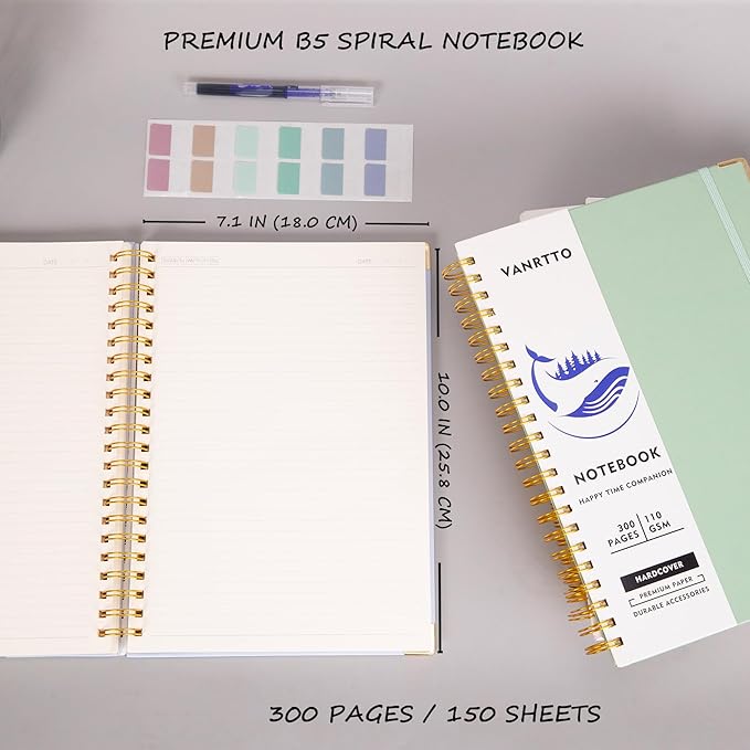 Spiral Notebook, Hardcover B5 College Ruled Notebooks, 300 Pages Notebooks for Work and School, 110 GSM Thick Papers Journals for Writing, Office Supplies for Women and Men Black B5