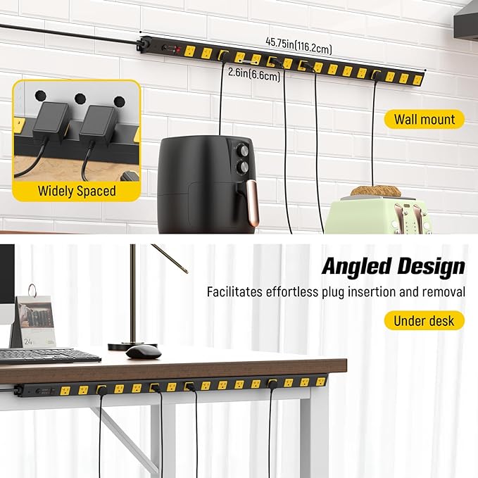 HHSOET 16 Outlet Long Power Strip, 10FT Heavy Duty Power Strip with 4800J Surge Protection, 20a Mountable Wide-Spaced Outlets for Home, Office, Garage & Workshop - ETL Certified