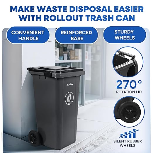 32 Gallon Trash Can with Wheels Outdoor Garbage Can with Lid and Wheels Locking Trash Can Commercial Heavy-Duty Trash Bin Rolling, Plastic Gray