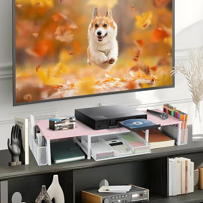 Desk Dual Monitor Stand Riser - Desk Organizer with Drawer and Pen Holders, Office Desk Accessories & Workspace Organization, Computer Monitor Stand for Laptop, Printer(Pink＆ White)