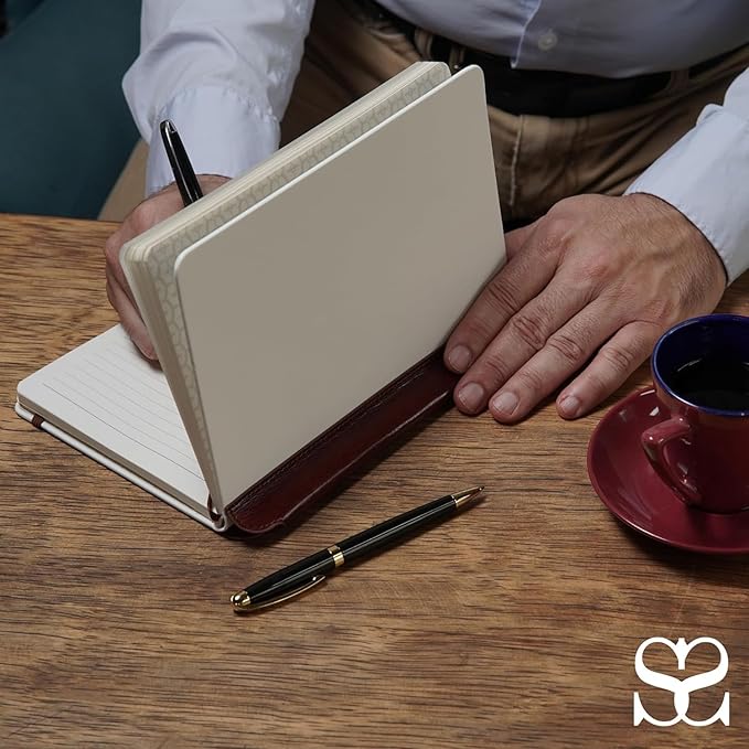 SETTINI® Lined Journal - Modern White Journal for Writing Gift Set - Hardcover Vegan Leather, Includes Luxury Pen in a Unique Pen Holder, 192 Pages, 6 x 8.5 inches, Birthday Gift