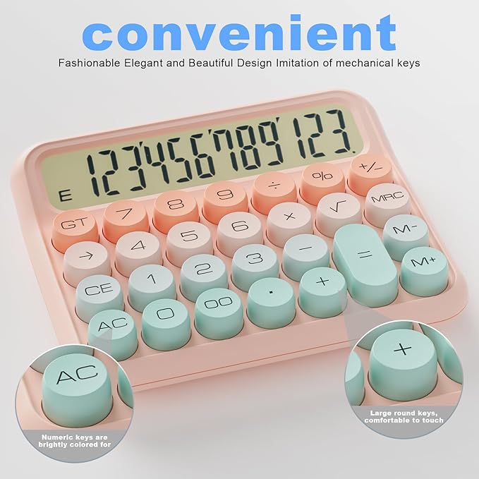 Mechanical Calculator 12 Digit Extra Large 5-Inch LCD Display, DECKLIT Battery Desk Calculator, Big Buttons Easy to Press Office Calculators Desktop, 15°Tilt Screen for Kids Calculator(Green&Pink)