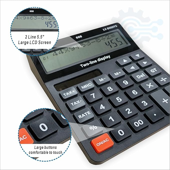 Battery and Solar Unique 120-Step Calculation Check Memory 12 Digit 2 Line Extra Large Calculator Big Buttons and 5.5" LCD Display, Configurable Tax Rate Financial Calculator for Tax Calculations