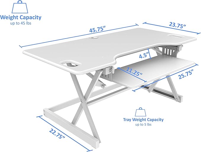 Rocelco 46" Large Height Adjustable Standing Desk Converter - Quick Sit Stand Up Triple Monitor Riser - Gas Spring Assist Computer Workstation - Retractable Keyboard Tray - White (R DADRW-46)