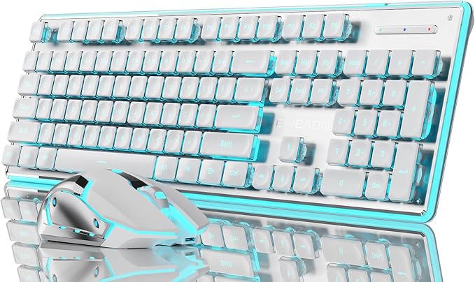 EWEADN V3 Wireless Keyboard and Mouse with Blue Backlit, Metal Panel, Bluetooth/2.4G Rechargeable Computer Keyboard and Mouse Combo Silent Lighted Full Size Cute Keyboards-White