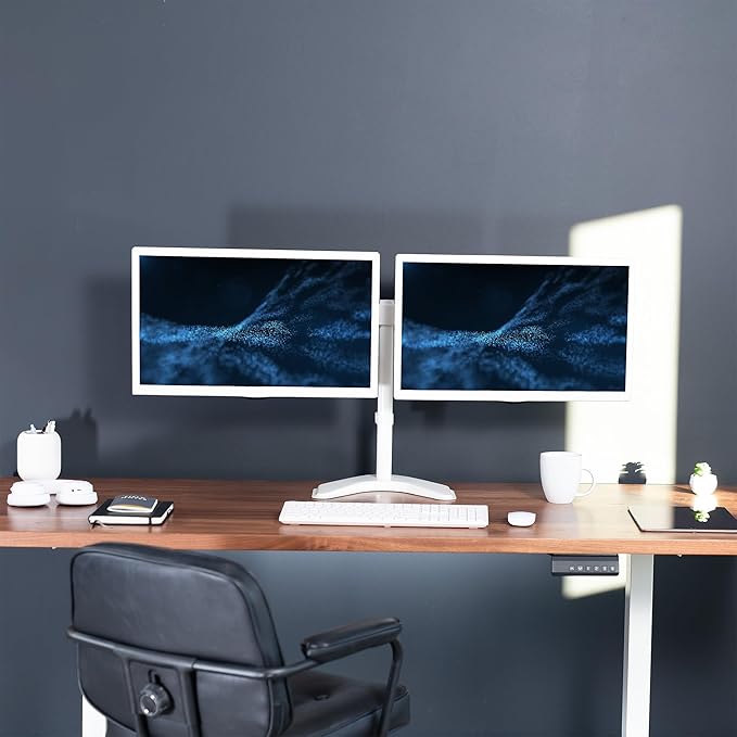 VIVO Dual LED LCD Monitor Mount, Free-Standing Desk Stand for 2 Screens up to 27 Inch, Fully Adjustable Arms with Max VESA 100x100mm, Extra Large Base, White, STAND-V002FW