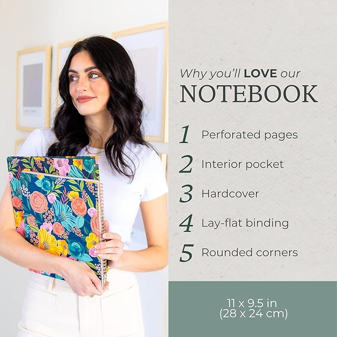 Steel Mill & Co Cute Large Spiral Notebook College Ruled, 11" x 9.5" with Durable Hardcover and 160 Lined Pages, Garden Blooms (Navy)