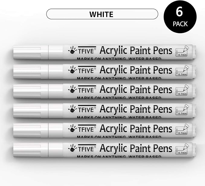White Marker Paint Pens - 6 Pack Acrylic White Permanent Marker, 0.7mm Extra Fine Tip Paint Pen for Art projects, Drawing, Rock Painting, Stone, Ceramic, Glass, Wood, Plastic, Metal, Canvas DIY Crafts