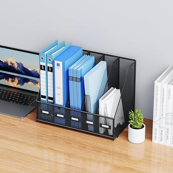 Marbrasse Desk File Organizer with 5 Vertical Compartments Mesh Magazine File Holder for Office, Home, School