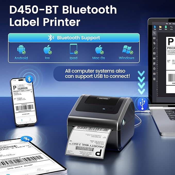 Bluetooth Shipping Label Printer 4x6 - D450BT Thermal Label Printer for Shipping Packages, Small Business, Home, Office, Compatible with Amazon, Ebay, Etsy, USPS