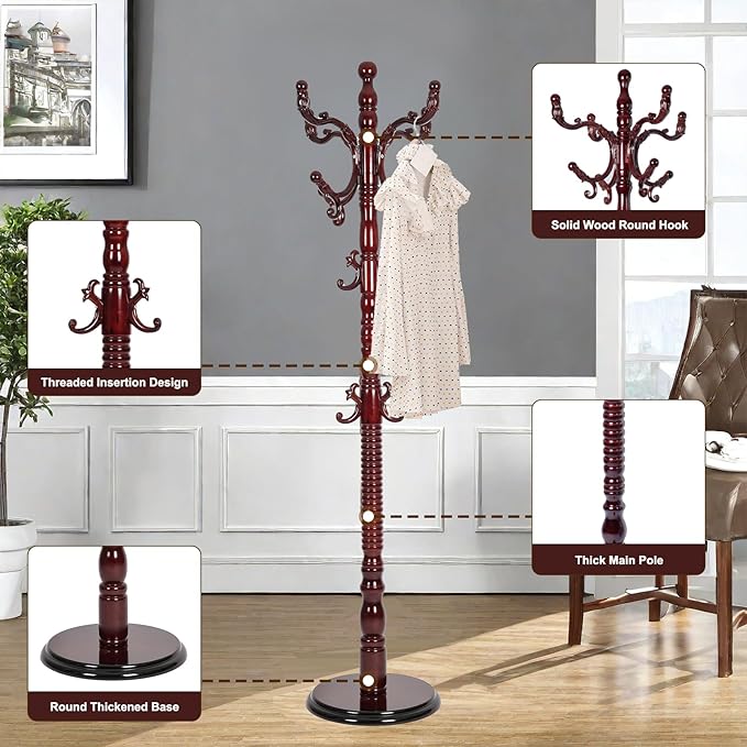 Solid Wood Coat Rack – 73" Freestanding Coat Racks Stand with 14 Hooks & Stable Round Base, Adjustable Height Modern Wooden Hall Tree for Entryway, Bedroom, Office, Home (Mahogany Round)