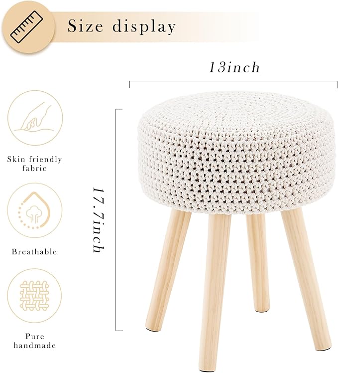 Cotton Knitted Ottoman Round Footstool Vanity Stool Modern Stool Ottoman Footrest Stool with Non-Skid Wood Legs for Living Room Bedroom White