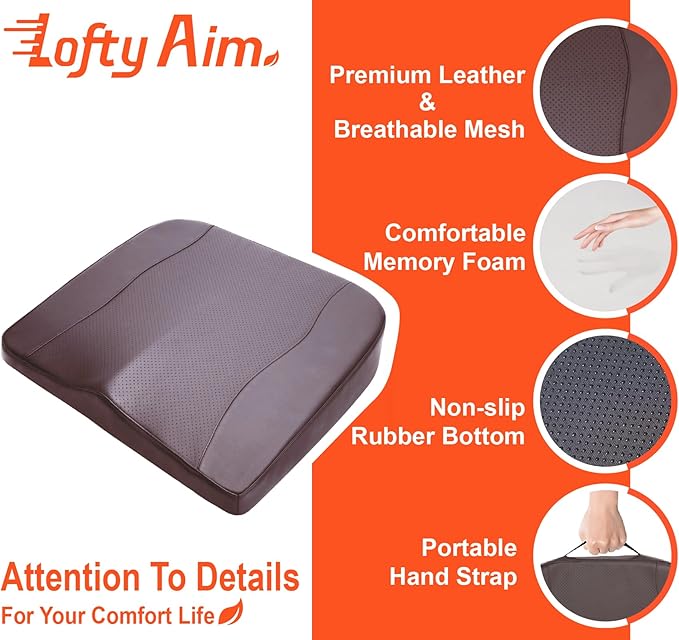 Car Seat Cushion, Comfort Memory Foam Car Cushions for Driving - Sciatica & Lower Back Pain Relief, Driver Seat Pillow for Auto, Office Chair, Wheelchair - Classic Brown