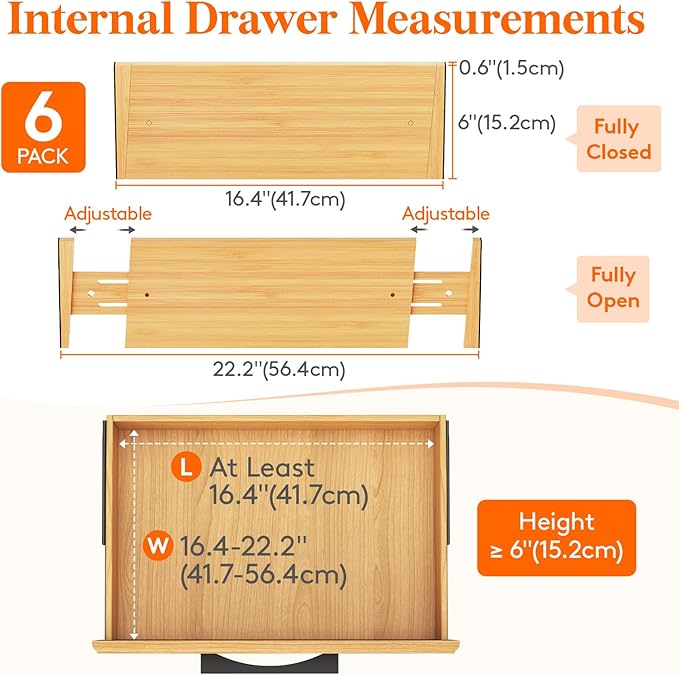 Lifewit 6 Pack Drawer Dividers Bamboo 6" High, 16-22" Adjustable Clothes Drawer Organizers, Expandable Dresser Separators in Bedroom/Bathroom/Kitchen/Office Organization and Storage