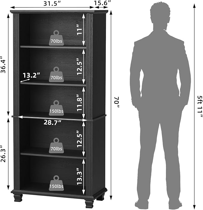 70" Tall Black Bookshelf,5 Tier Wooden Book Shelf with Adjustable Shelves & Wood Legs,Free Standing Farmhouse Bookcase with Open Display Storage,Vintage Bookshelves for Living Room, 2PCS