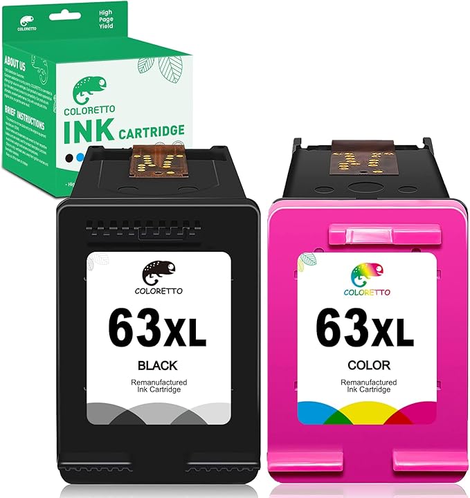 COLORETTO Remanufactured Printer Ink Cartridge Replacement for HP 63XL to use with Envy 4520 4516 Officejet 5255 5258 DeskJet 1112 3632 3639 1112 2130 3632 3633 3634 (1 Black+1 Color) Combo Pack