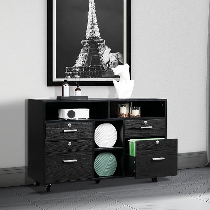 VINGLI Wood Mobile File Cabinet with 4 Drawers and Shelves, Printer Stand with Open Storage, Locking Lateral Filing Cabinet for Home Office, Black