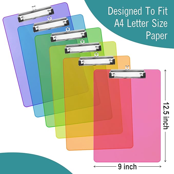 Plastic Clipboards, 6 Assorted Colors Transparent Clip Boards, A4 Letter Size 12.5 x 9 Inch, Low Profile Clip, Office, School Supplies for Students, Teachers, Nurses