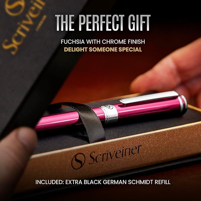 Scriveiner Fuchsia Rollerball Pen - Stunning Luxury Pen With Chrome Finish, Schmidt Ink Refill, Best Roller Ball Gift Set for Men & Women, Professional, Executive Office, Nice Pens