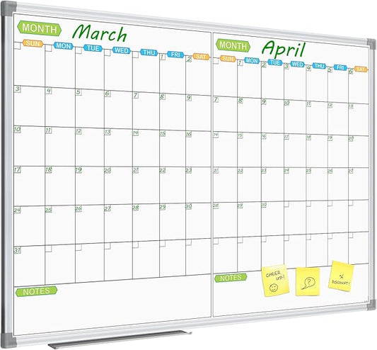 JILoffice Magnetic Dry Erase Calendar Whiteboard, 2 Month White Board Planner 48 X 36 Inch, Silver Aluminum Frame Wall Mounted Board for Office Home and School